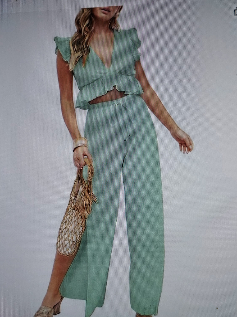 Fancyinn Mint Green Ruffle Crop Top & Wide Leg Pants Set